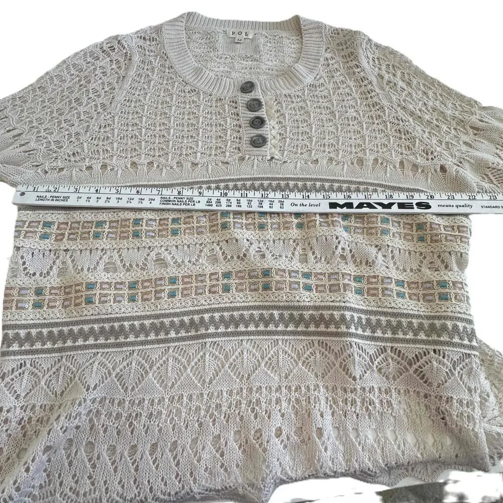 POL Sweater Crocheted Cream‎ Multicolor Embroidered Accents Pullover Size Medium